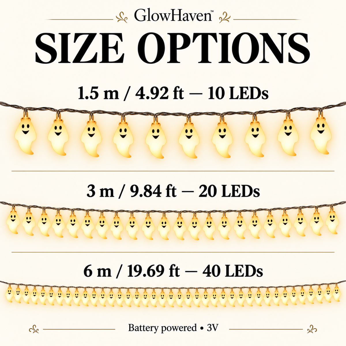 Halloween ghost string light size options: 1.5 m 10 LED, 3 m 20 LED, and 6 m 40 LED