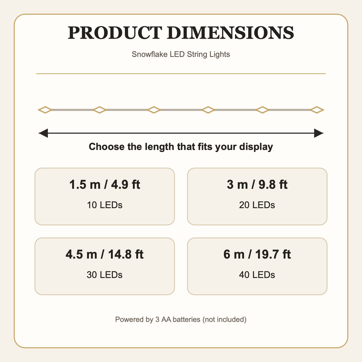 Snowflake LED string lights dimensions chart
