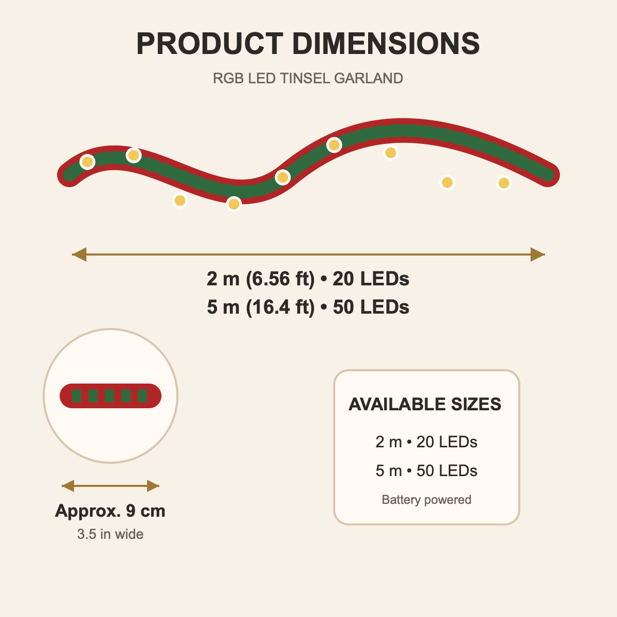 RGB LED tinsel garland dimensions chart