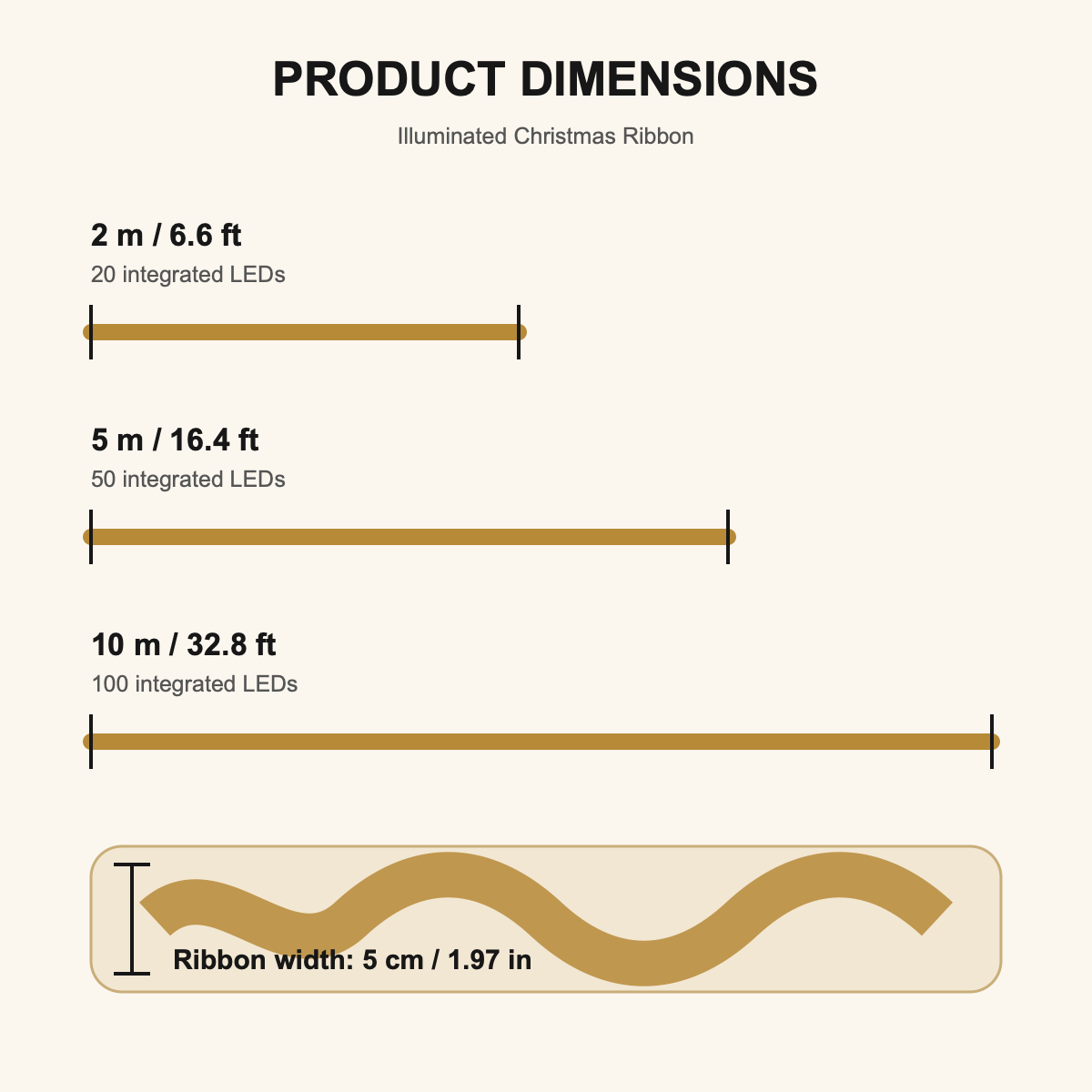 Illuminated Christmas ribbon dimensions chart