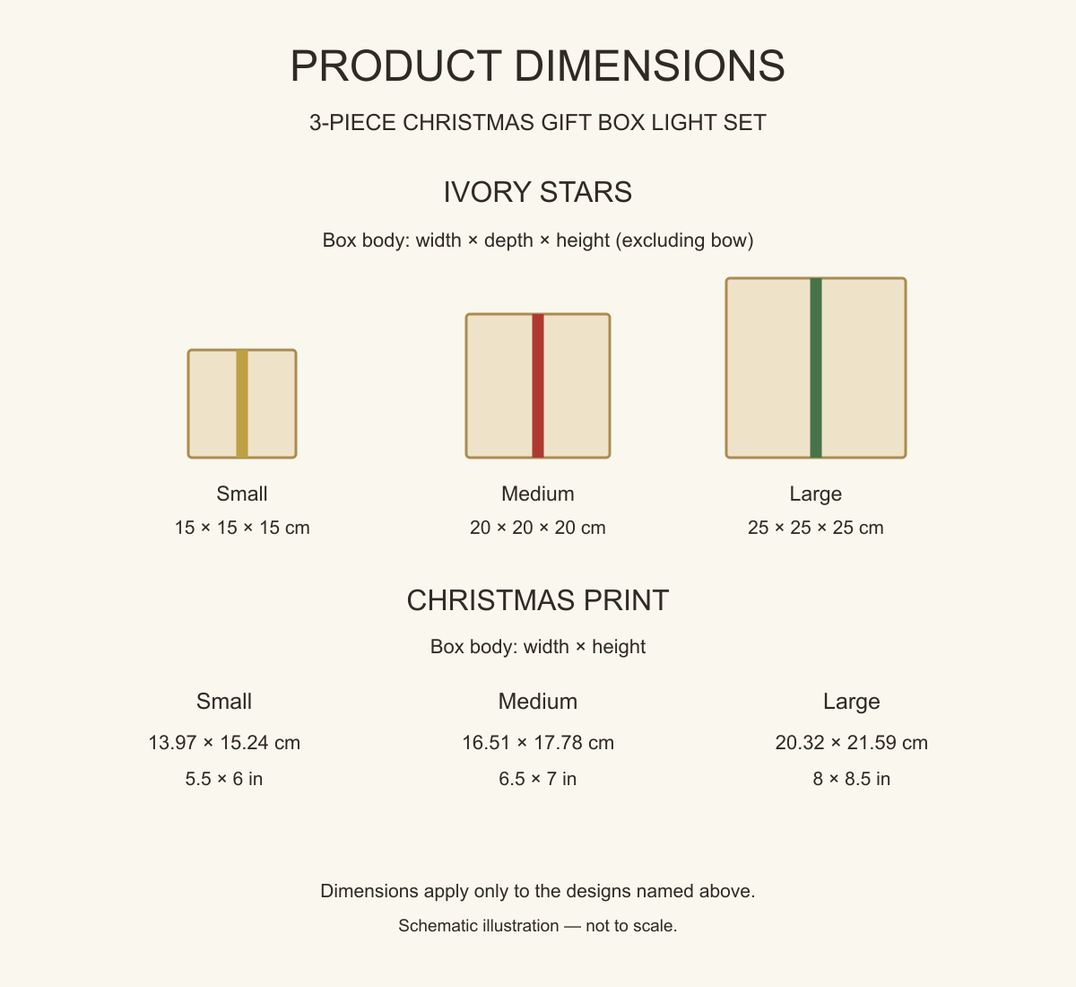 Gift box dimensions for Ivory Stars and Christmas Print designs