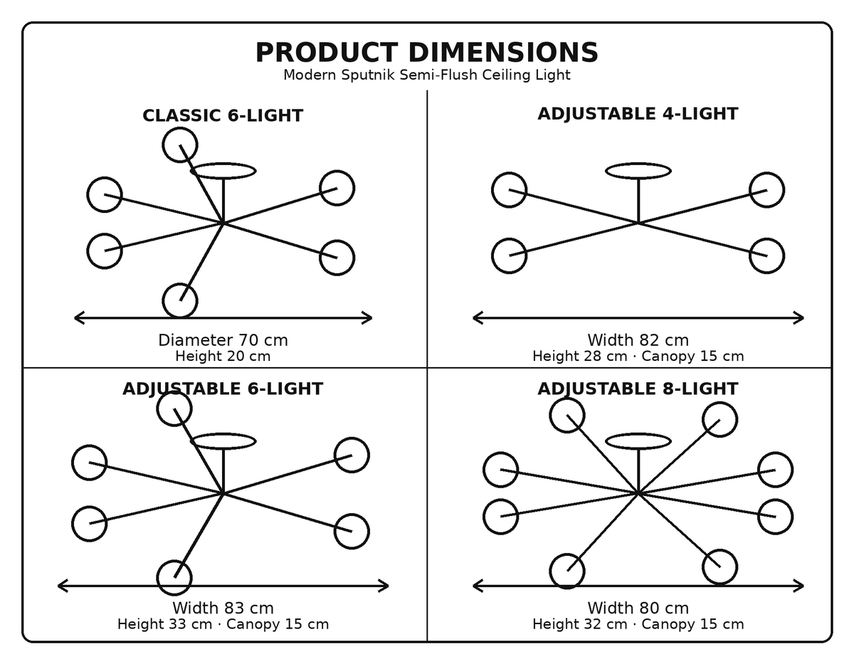 Modern Sputnik ceiling light product dimensions in centimetres