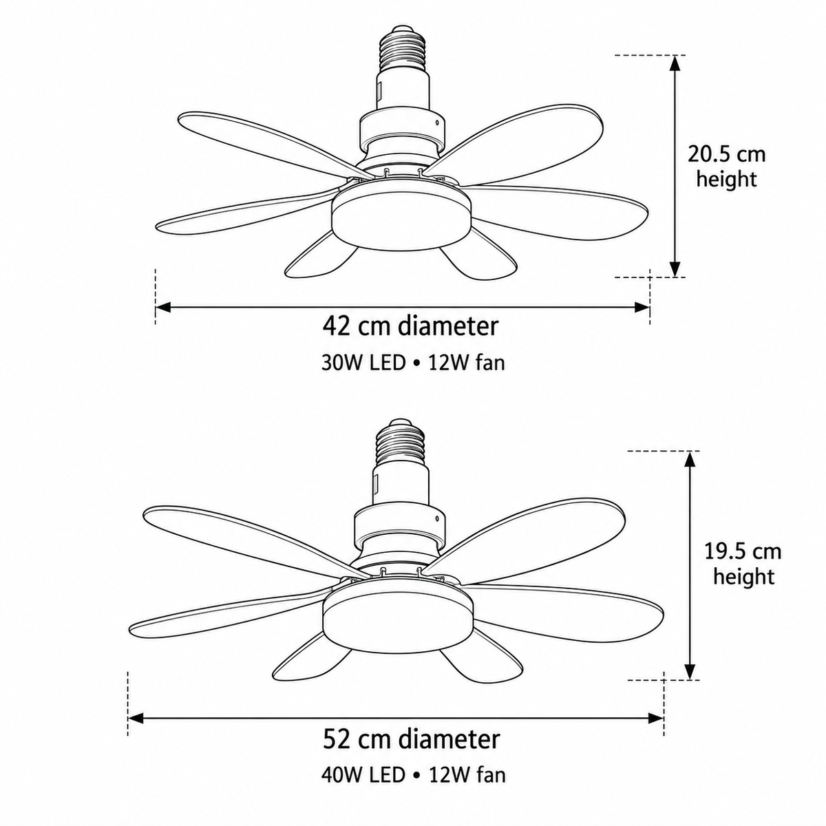 E27 ceiling fan light dimension guide in centimetres