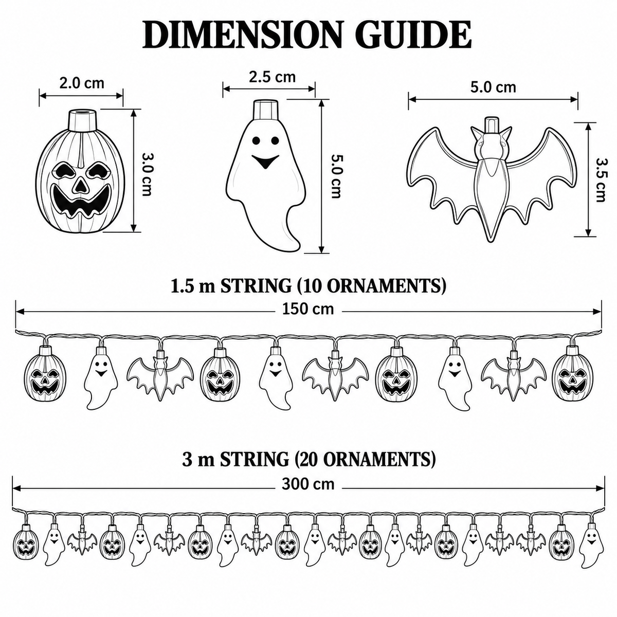 Halloween string light dimensions in centimetres