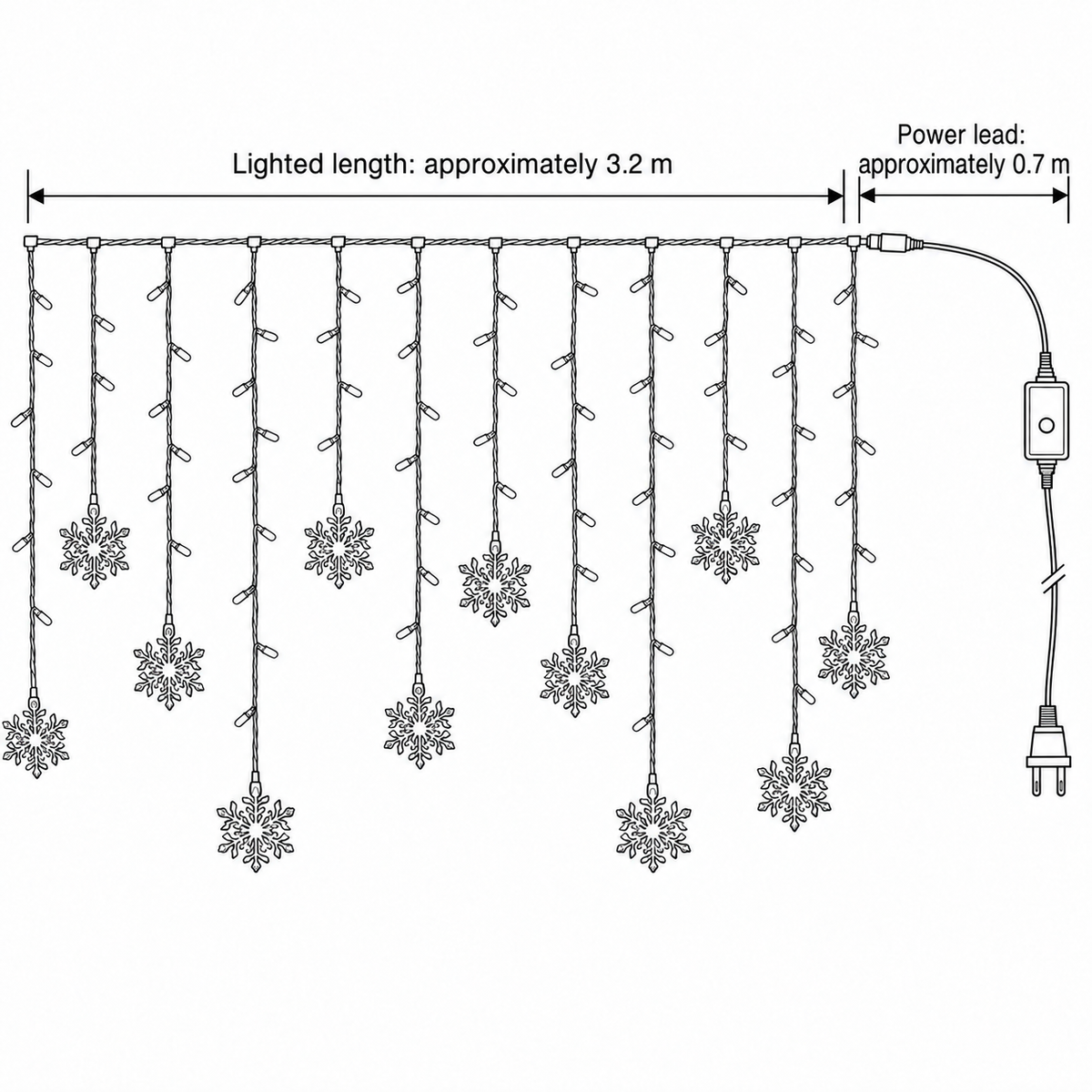 Snowflake curtain lights dimension diagram with US plug
