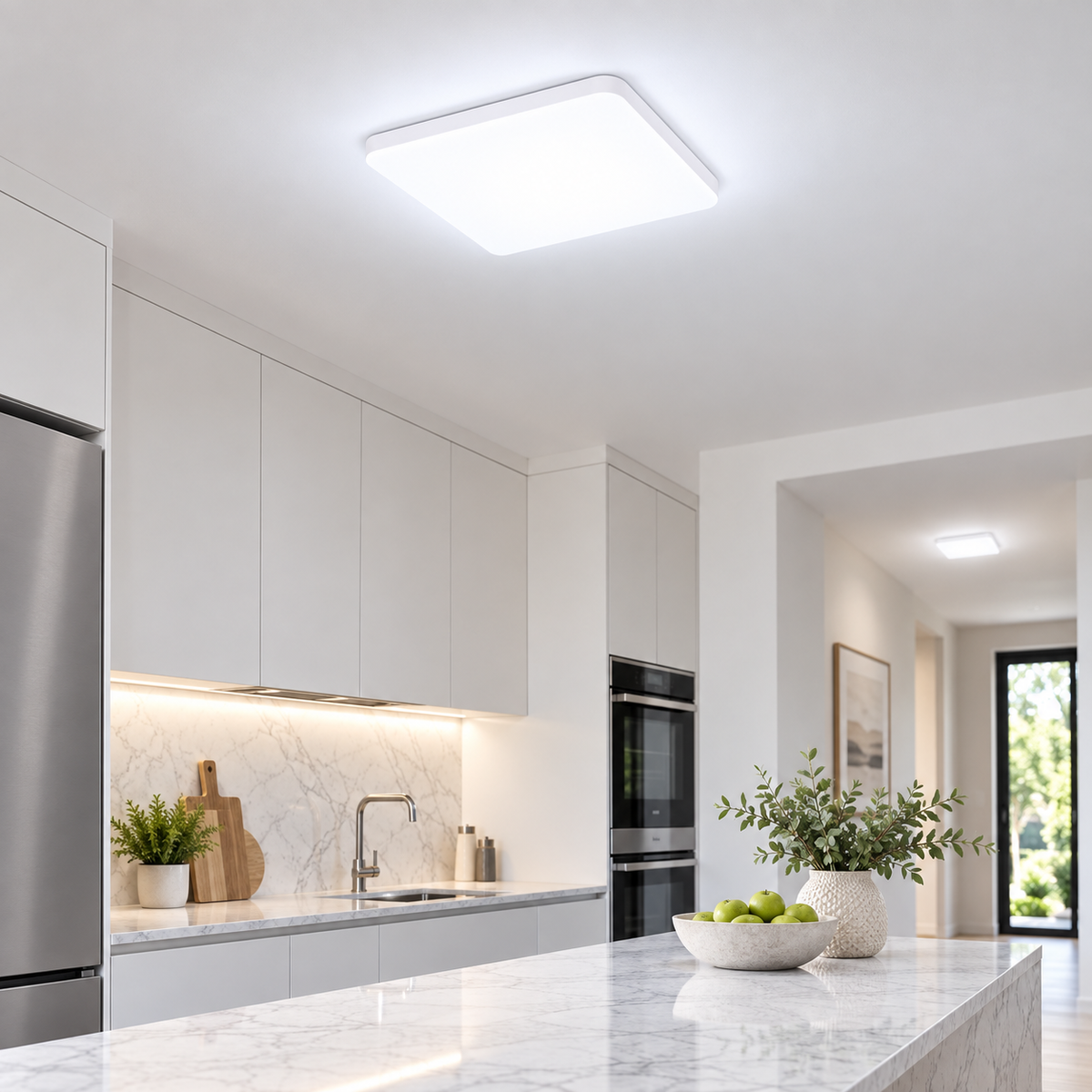 Square B ultra-thin LED ceiling light with cool white illumination in a luxury kitchen
