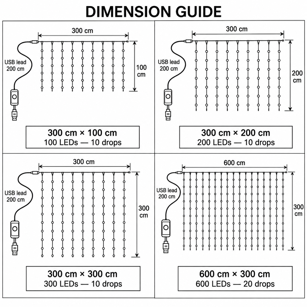 USB curtain light sizes and LED counts in centimetres