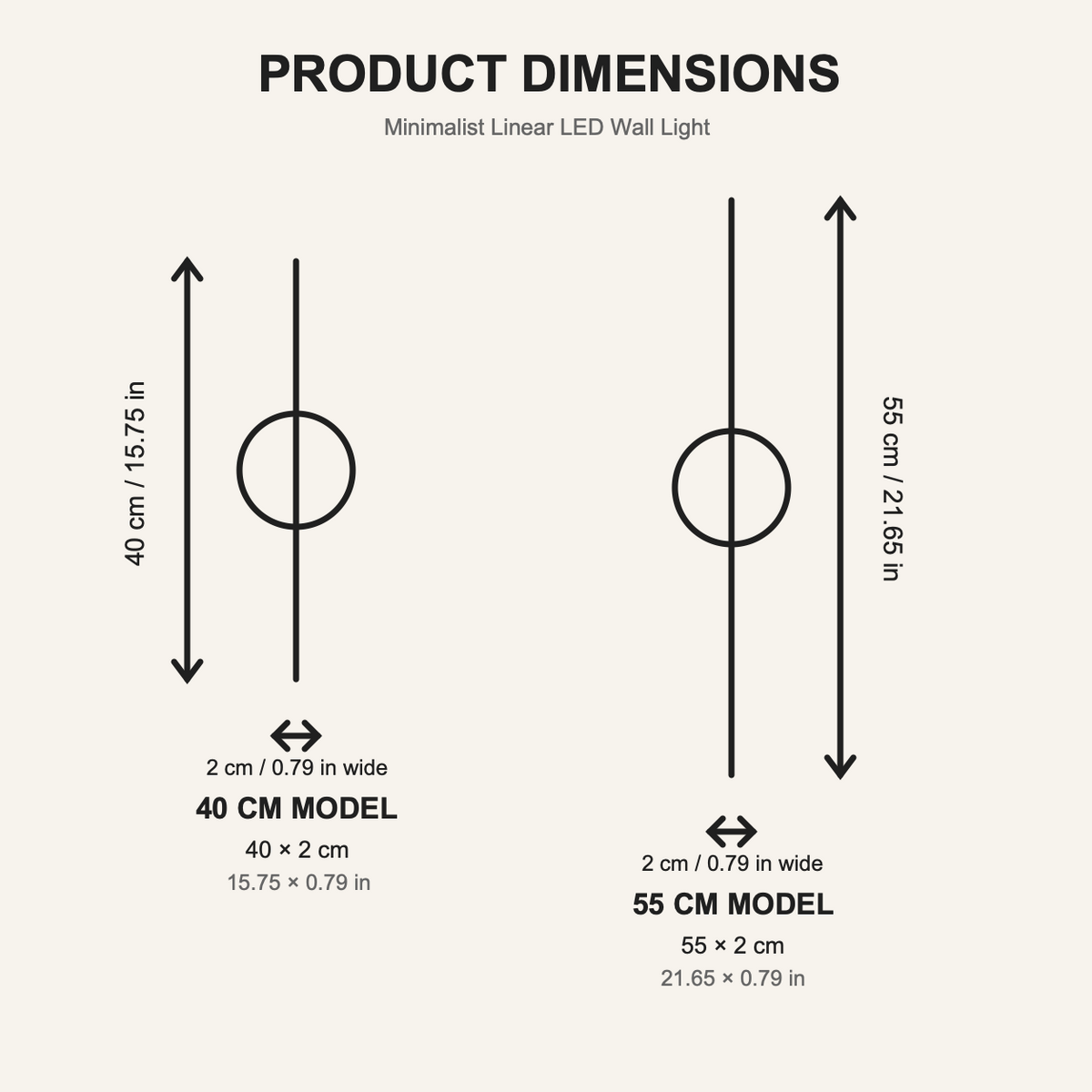 Minimalist linear LED wall light dimensions diagram for 40 cm and 55 cm models