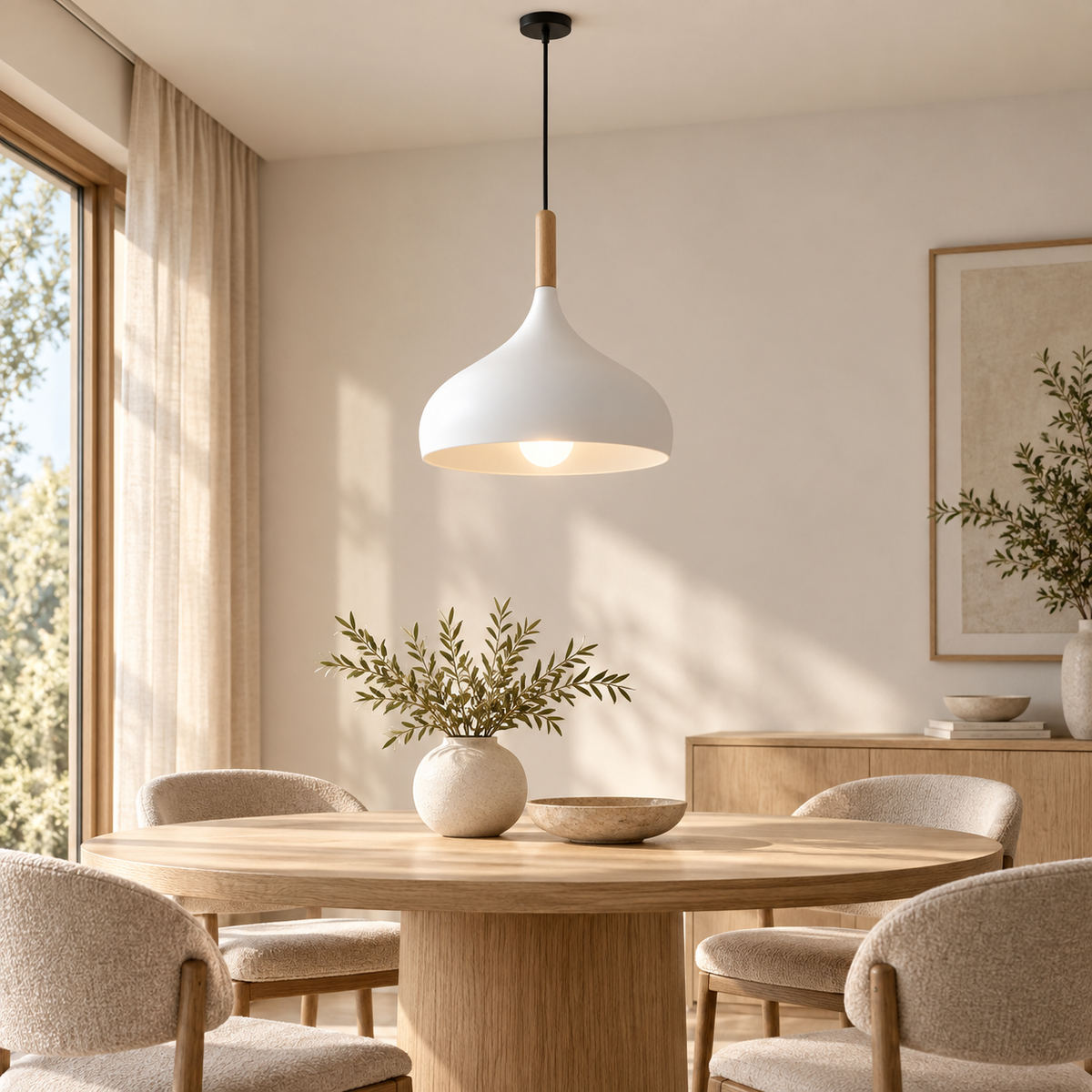 White Macaron Dome Pendant Light in a luxury dining room