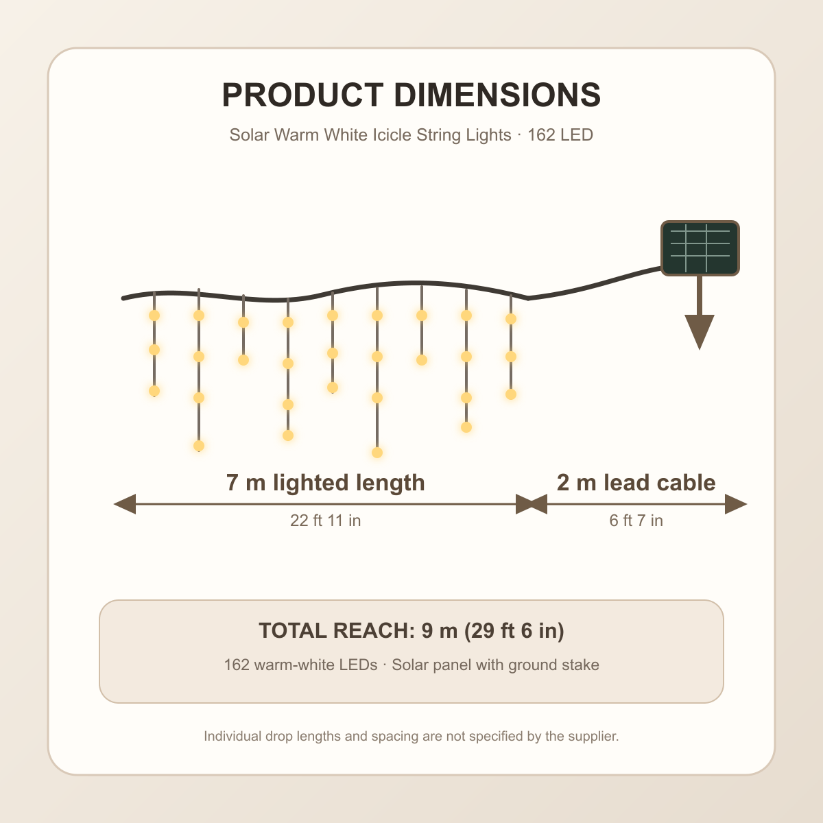 Dimensions diagram for Solar Warm White Icicle String Lights: 7 m lighted length plus 2 m lead cable, 9 m total reach
