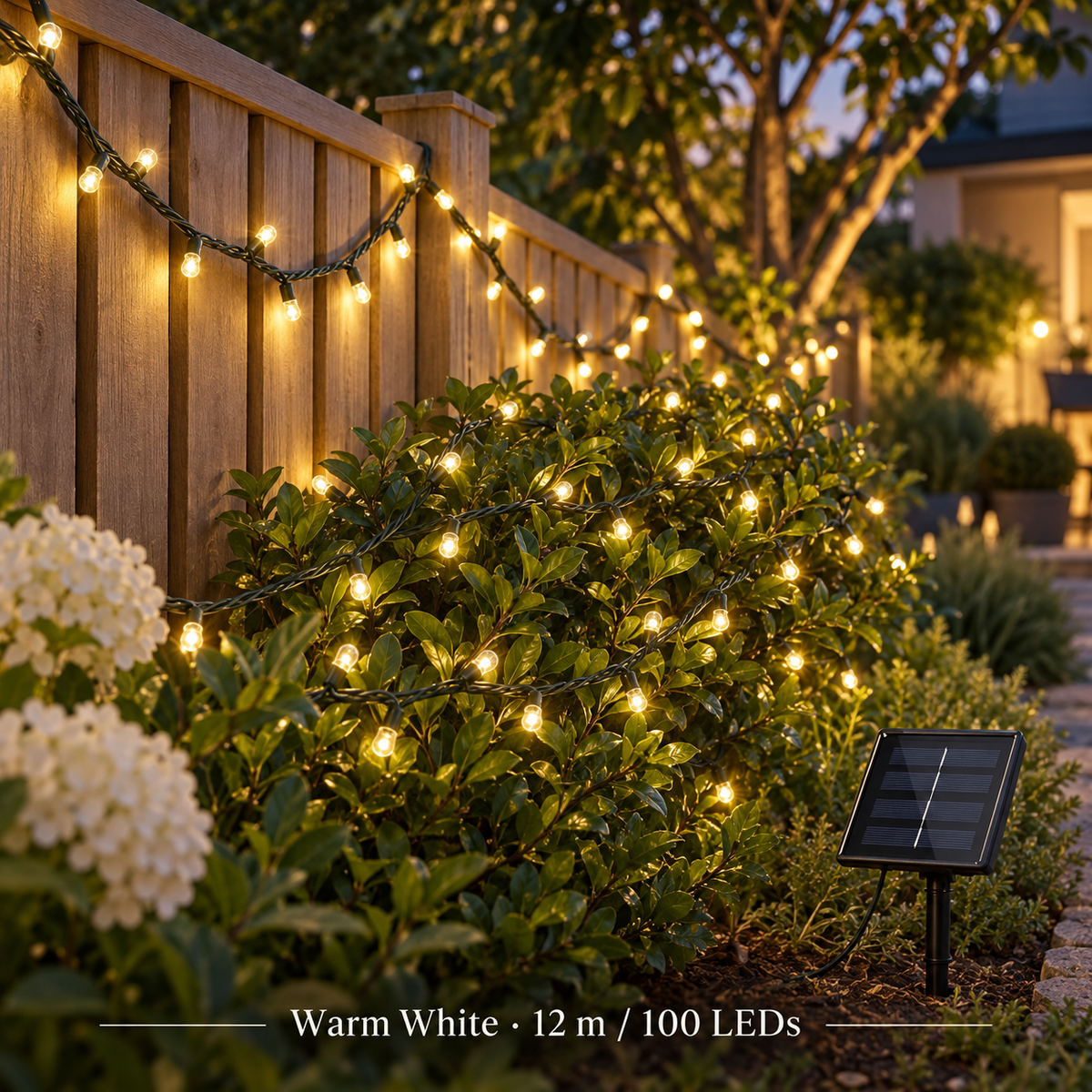 Warm White solar LED string lights — 12 m / 100 LEDs
