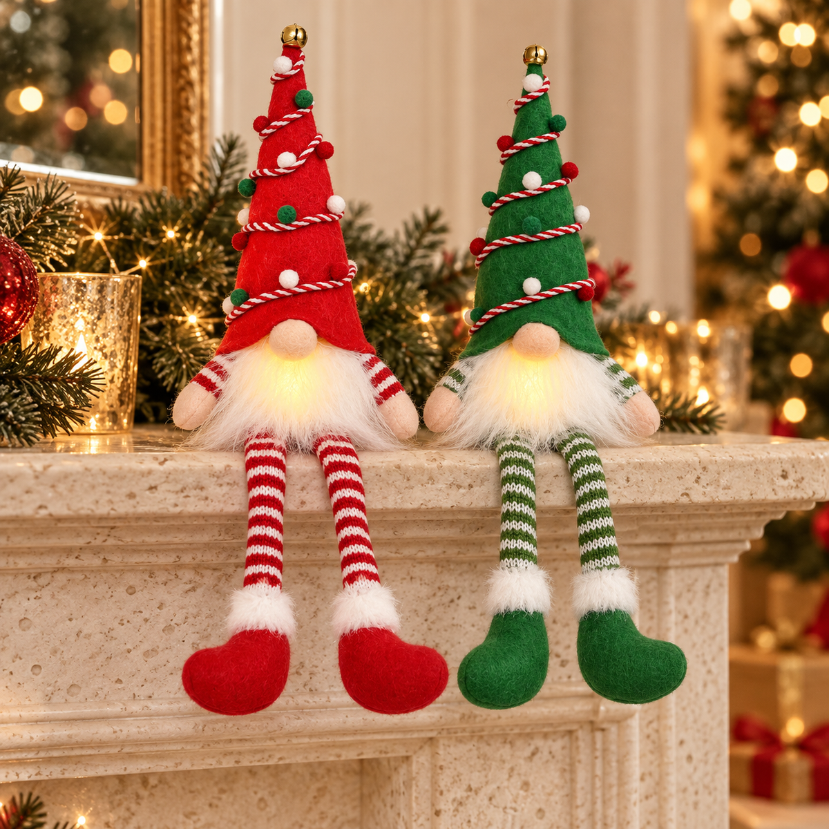 Red & Green Tree Hat — Pair LED Christmas gnome decoration