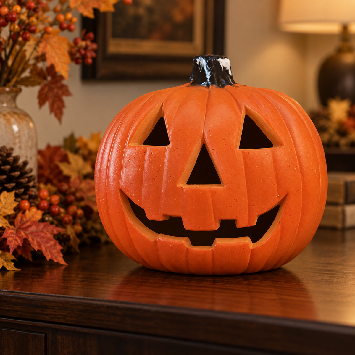 Classic Smile Halloween pumpkin decoration, shown unlit