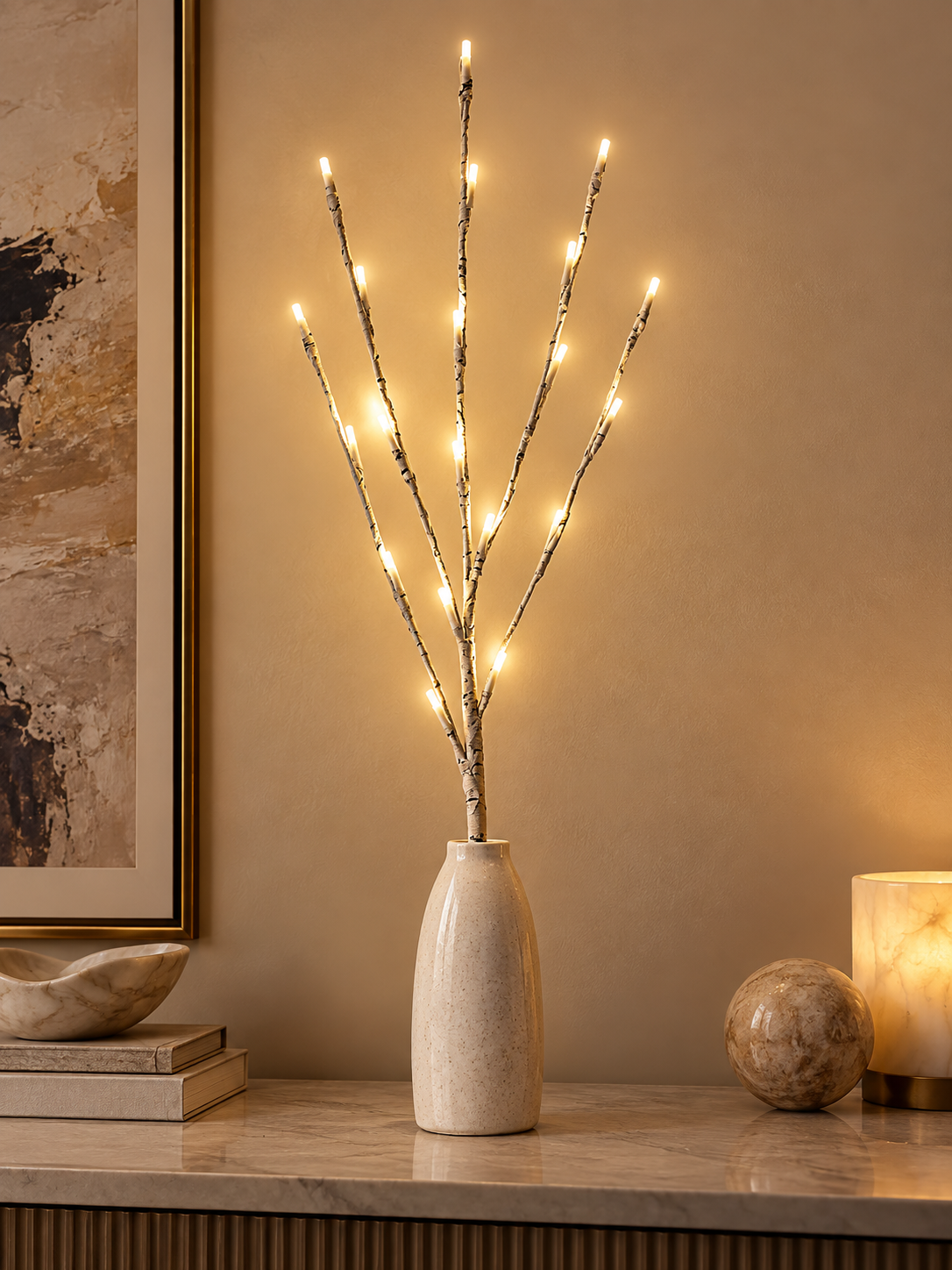 Warm White — 20 LED white birch branch light; vase not included