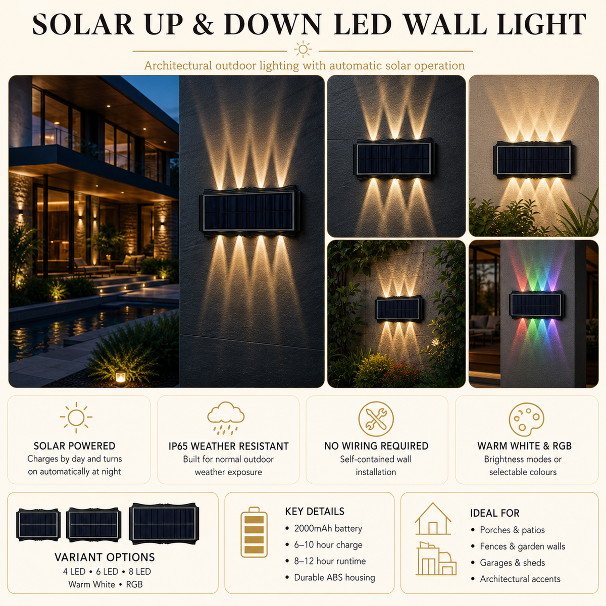Solar Up-and-Down Wall Light — Warm White or RGB