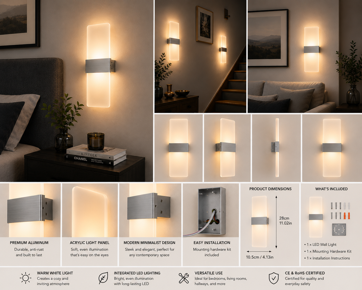Modern 12W LED Indoor Wall Light — Aluminum & Acrylic