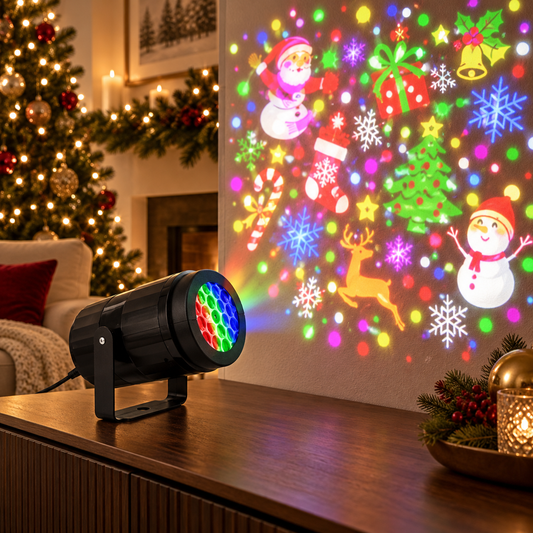 16-pattern Christmas projector in a luxury holiday living room