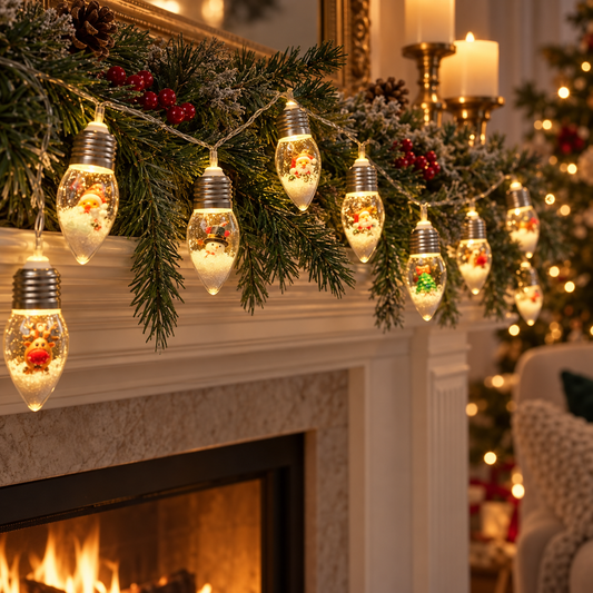 Christmas ornament globe string lights on an elegant holiday mantel