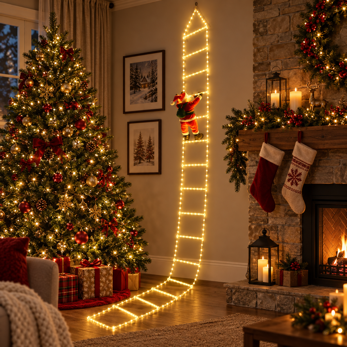 LED Climbing Santa Ladder Light in a festive living room