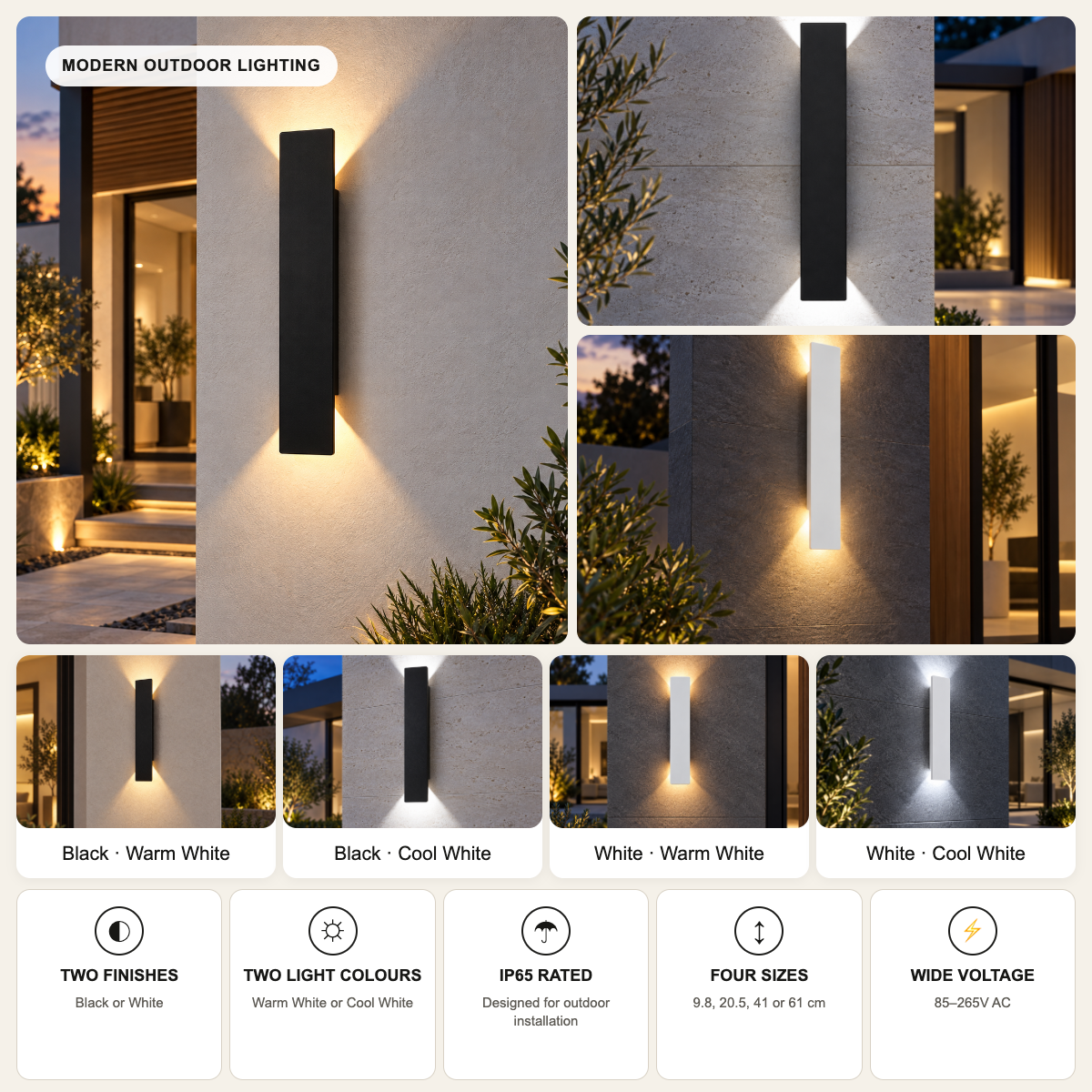 Outdoor up-down wall light finishes, light colours, sizes and verified features