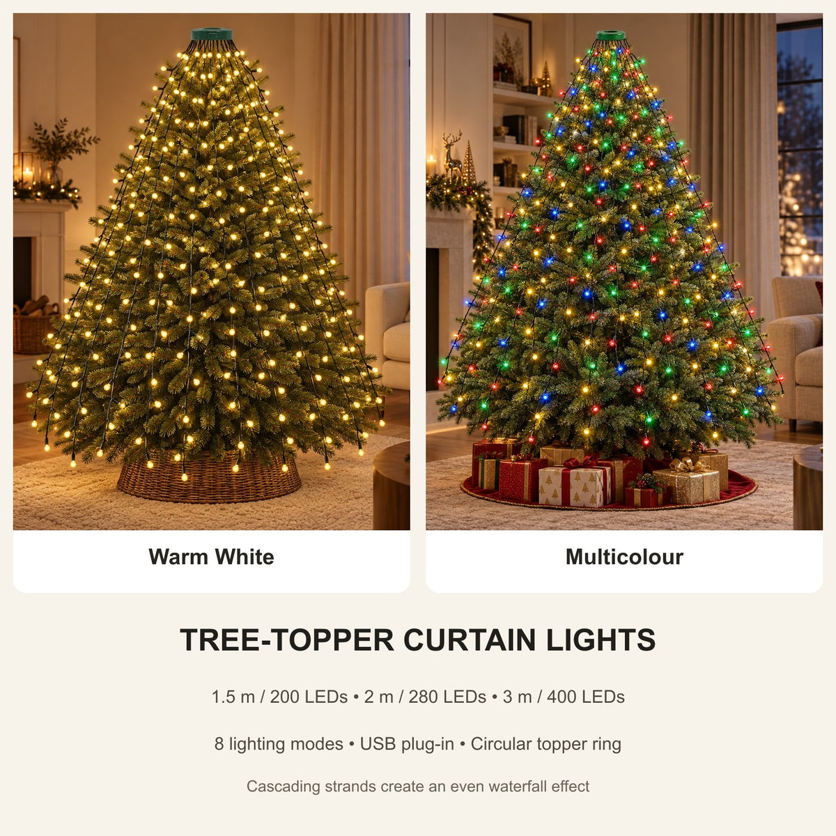 LED Christmas tree topper curtain lights colour and configuration collage