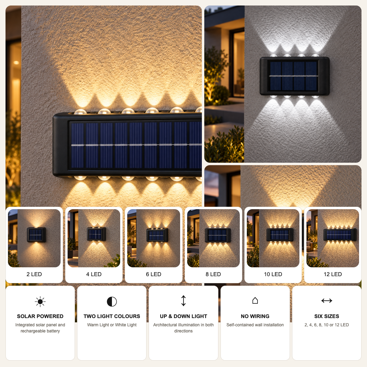 Solar up-down wall light configurations and verified features