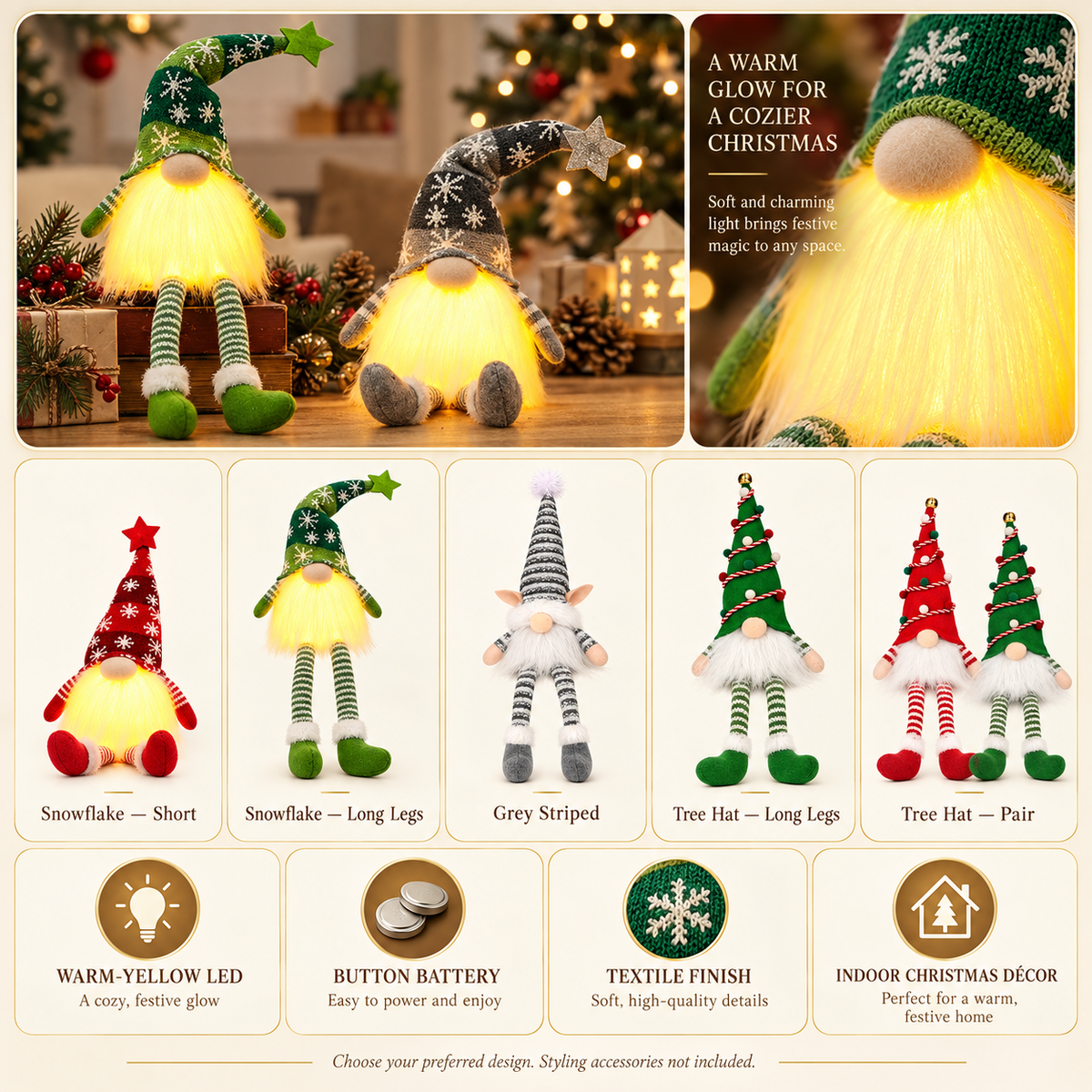 Christmas gnome designs and lighting features
