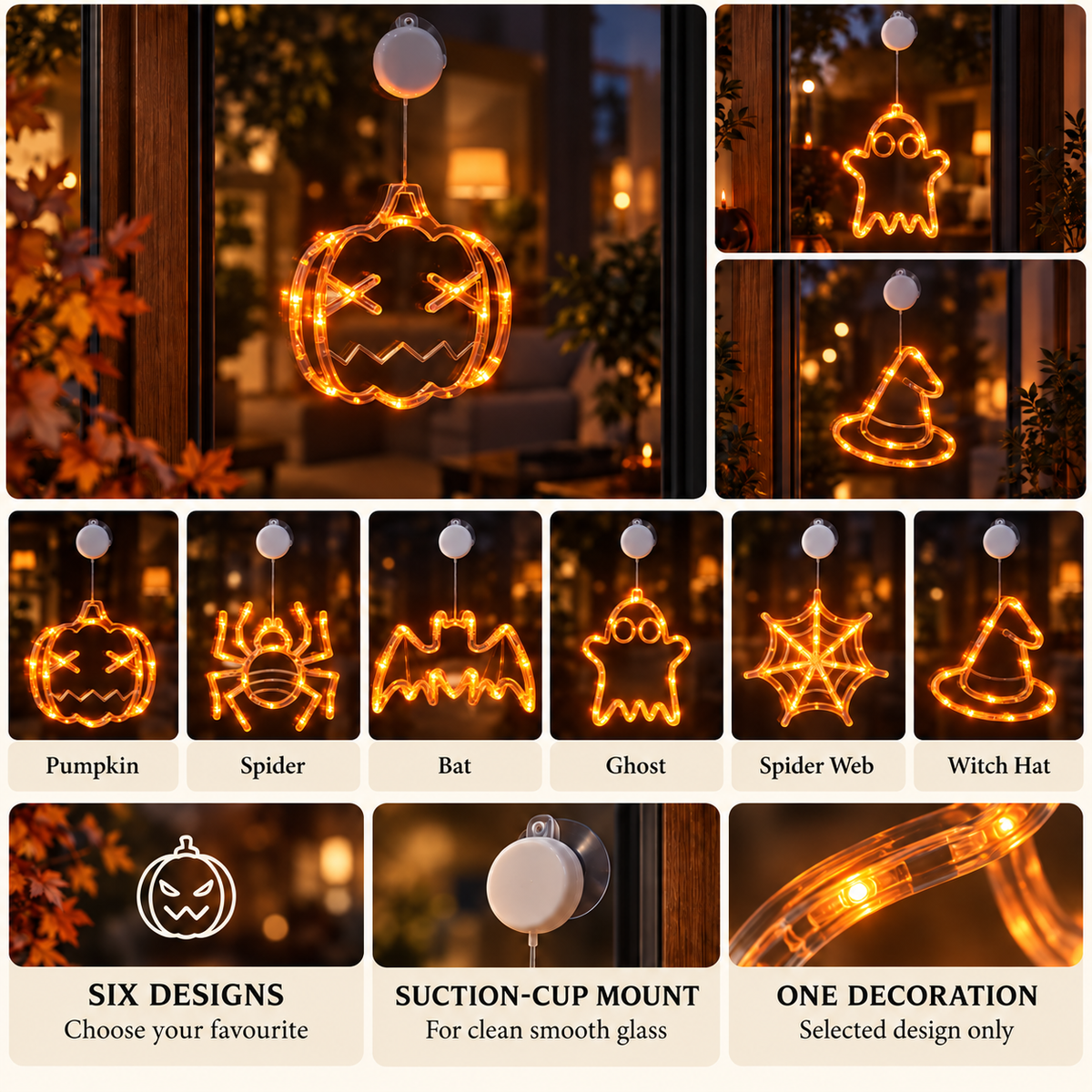 Halloween window light design collection: Pumpkin, Spider, Bat, Ghost, Spider Web and Witch Hat