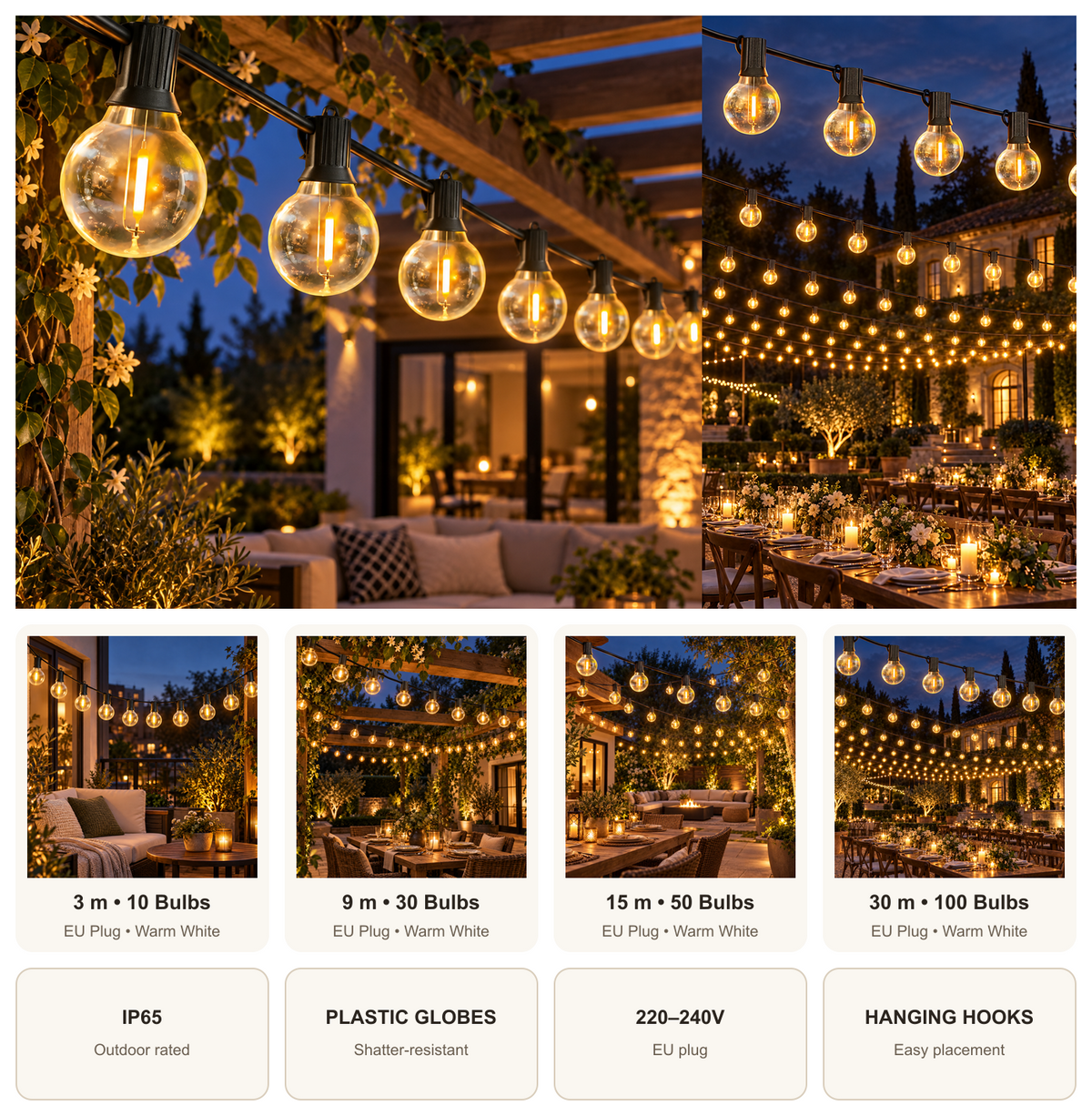 G40 globe lights configuration and feature collage