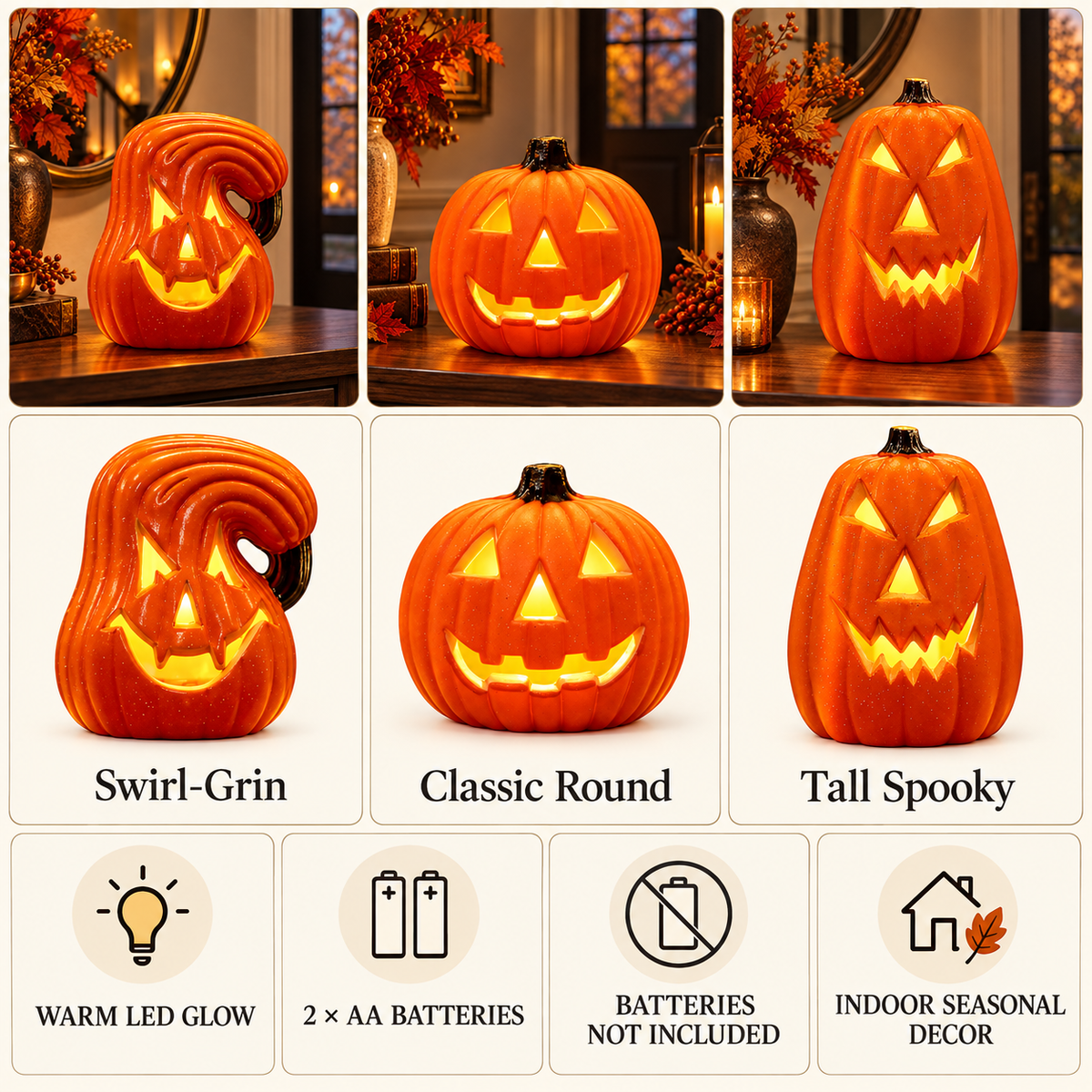 LED pumpkin lantern design and feature collage