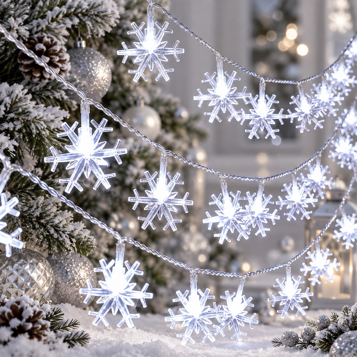 Cool-white snowflake LED string lights