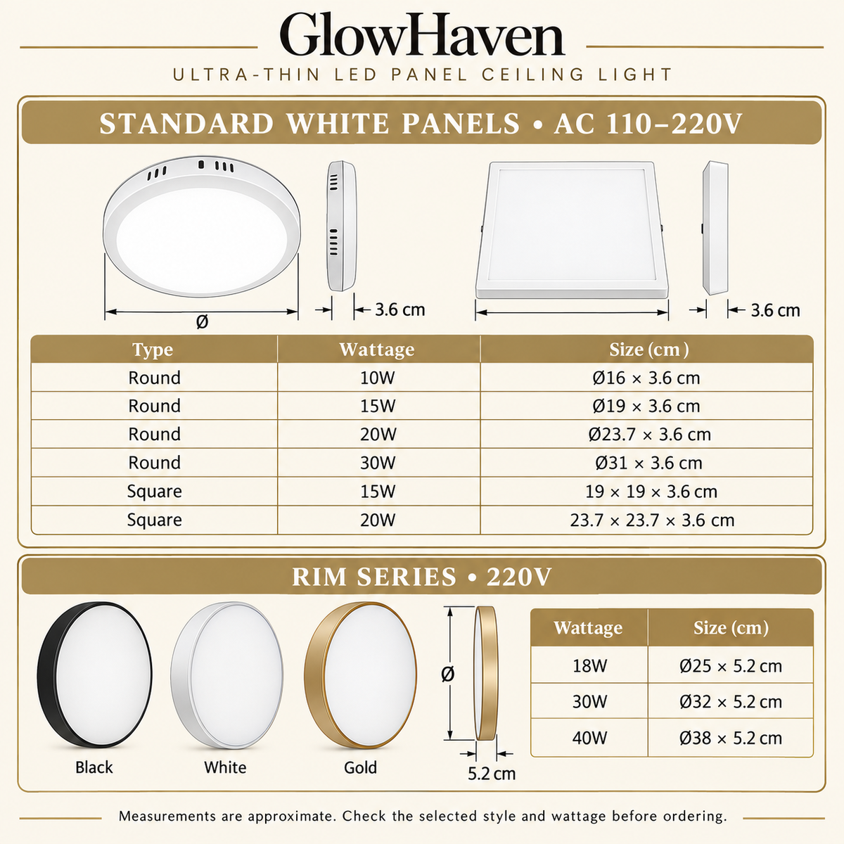 Ultra-thin LED panel ceiling light dimensions by style and wattage