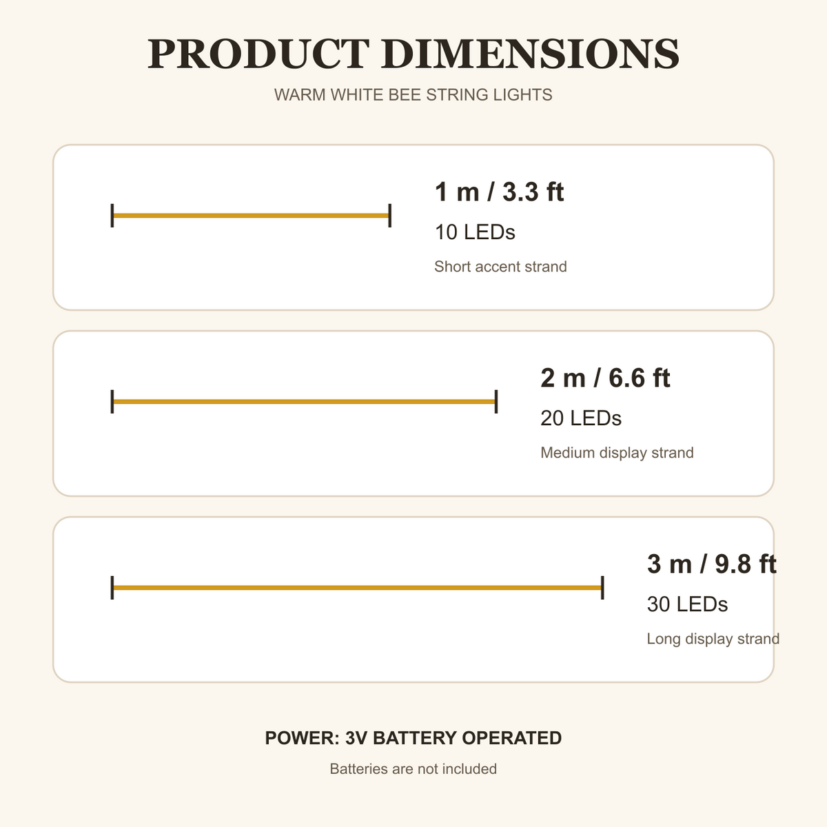 Warm white bee string lights dimensions chart