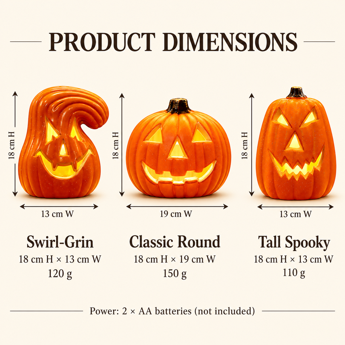 LED pumpkin lantern dimensions for all three designs