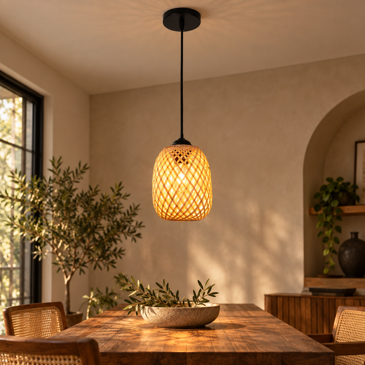 Woven Lantern bamboo pendant with black canopy, 15 by 18 cm