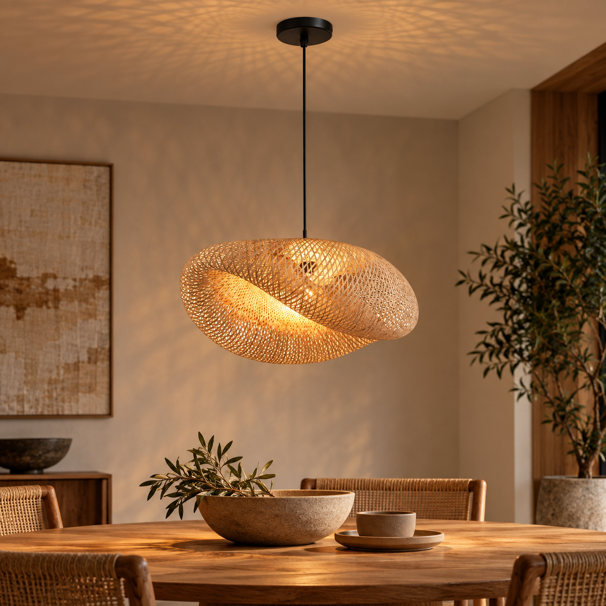 Twisted Weave bamboo pendant with black canopy, 36 by 13 cm