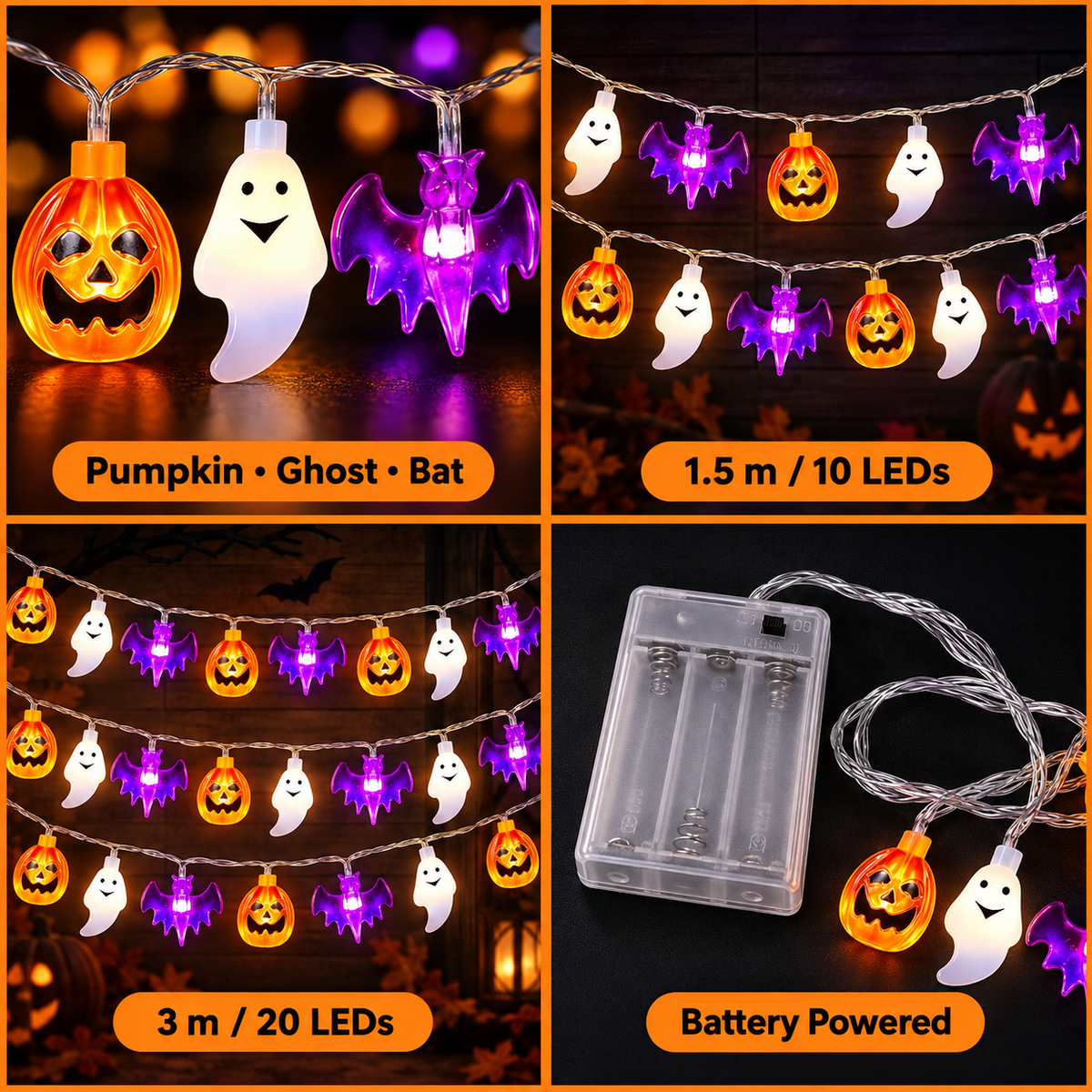 Halloween string light motifs, lengths and battery box
