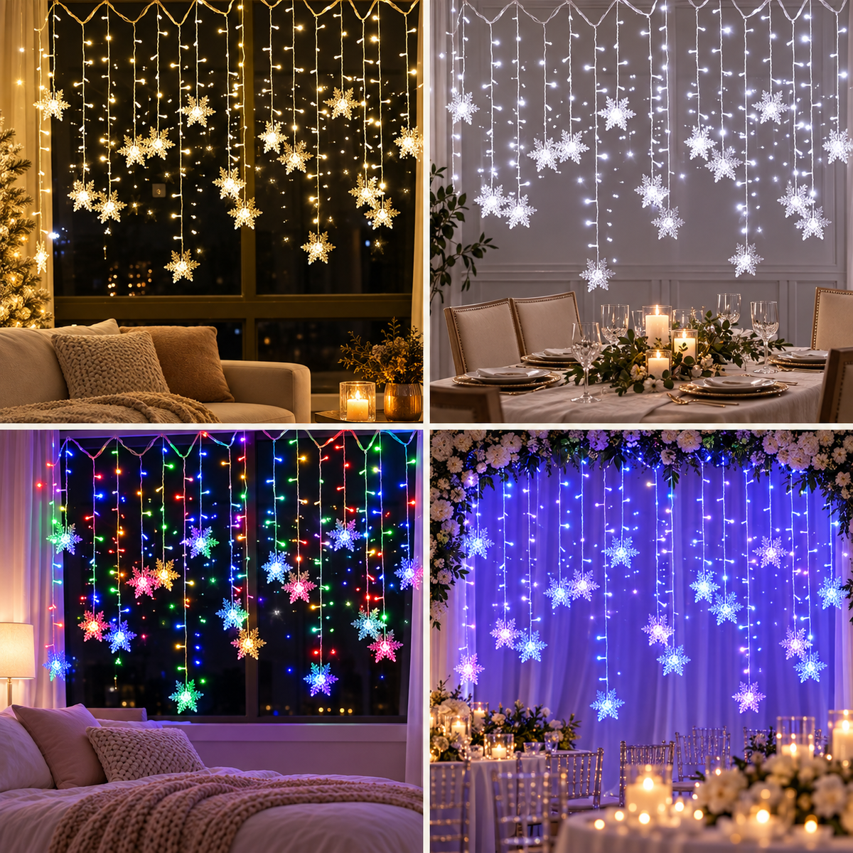 Snowflake curtain lights luxury interior collage