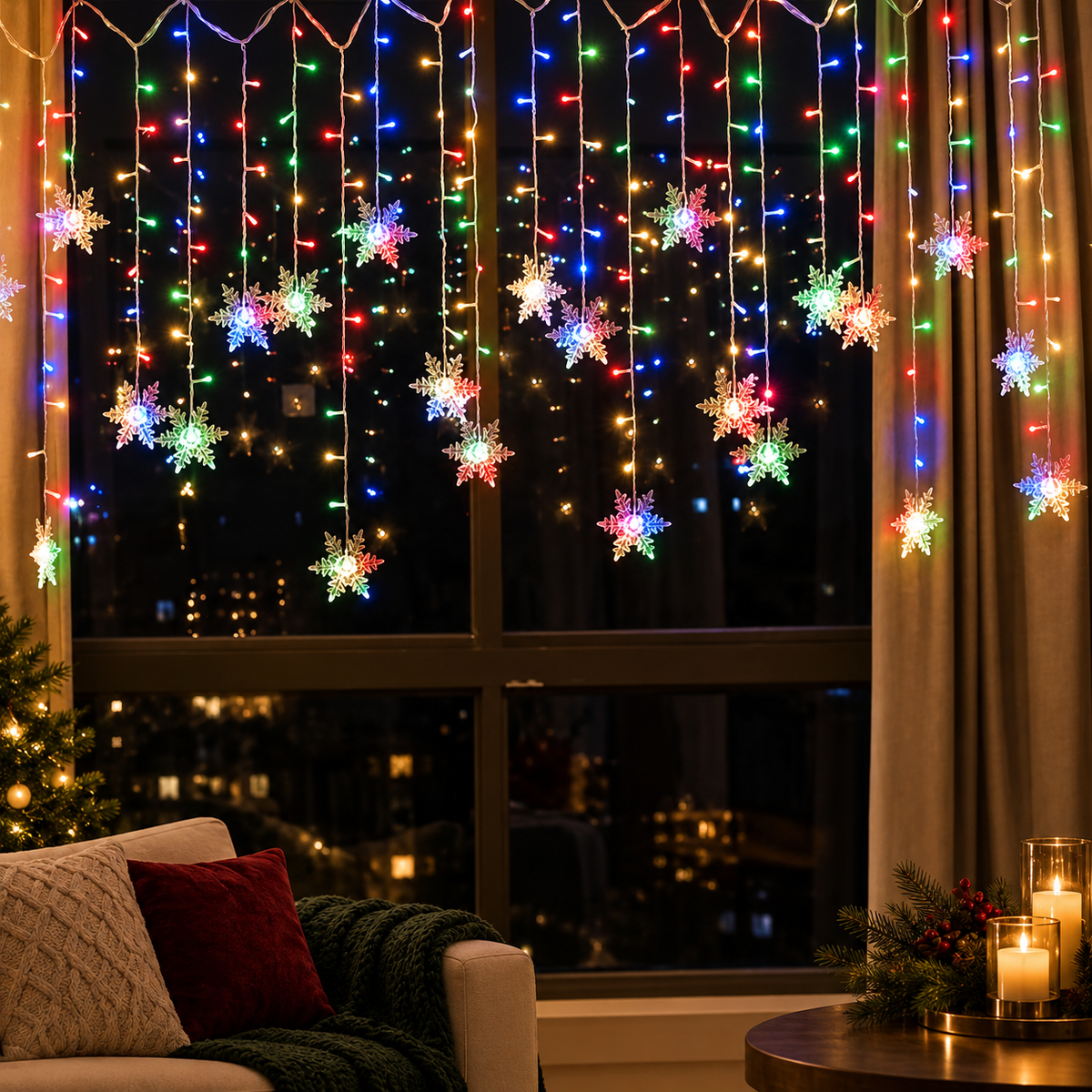Snowflake curtain lights in Multicolor on a luxury living-room window