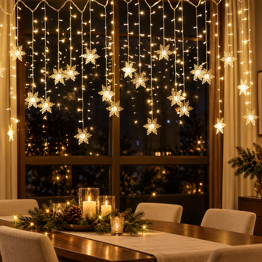 Snowflake curtain lights in Warm White on a luxury dining-room window