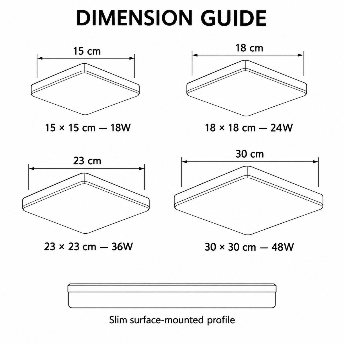 Square ceiling light sizes and wattages in centimetres