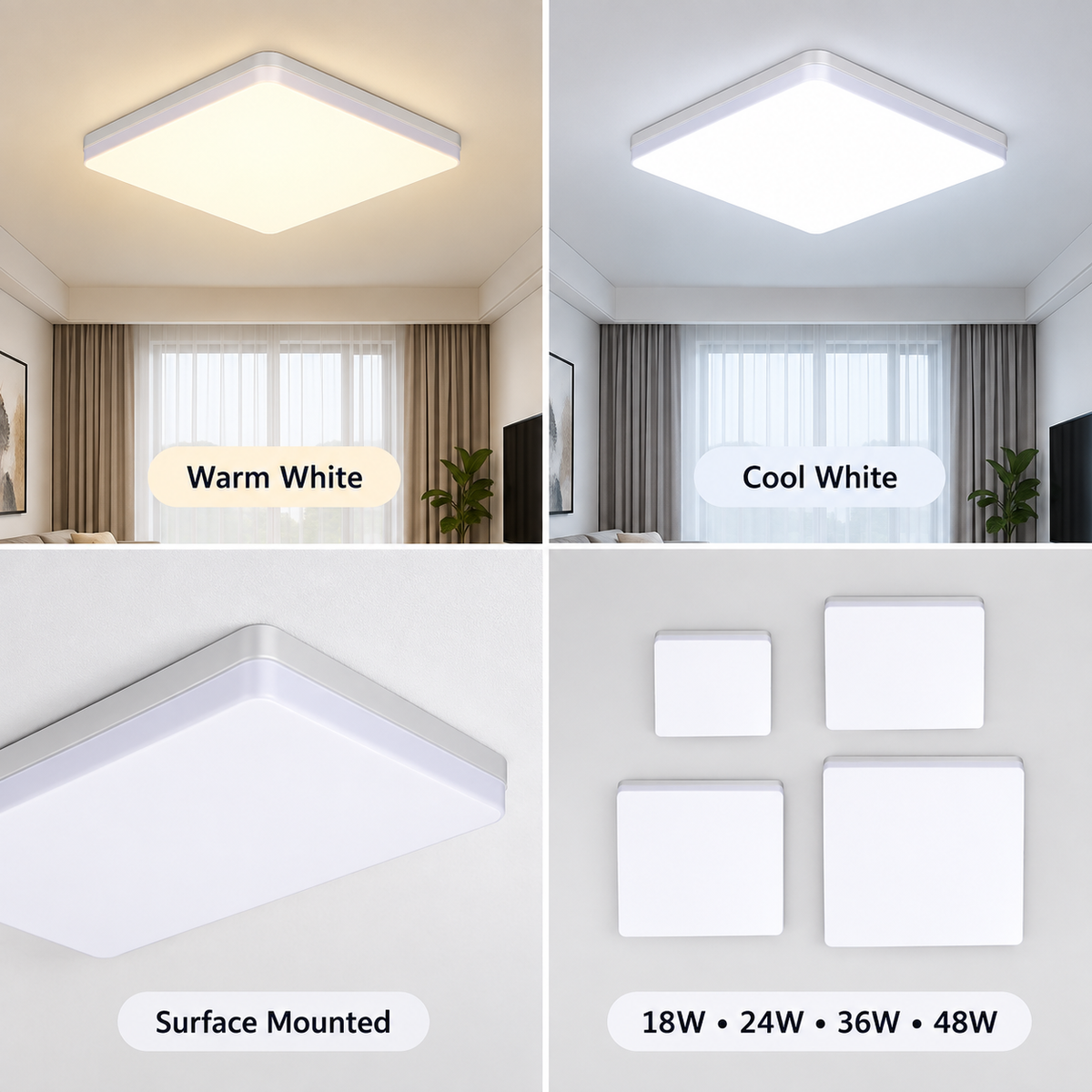 Square ceiling light color temperatures, profile and wattages