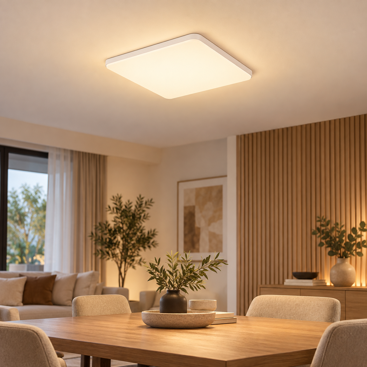 Square B ultra-thin LED ceiling light with warm white illumination in a luxury dining room