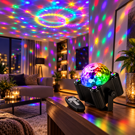 USB party light projecting multicolor patterns in a modern room
