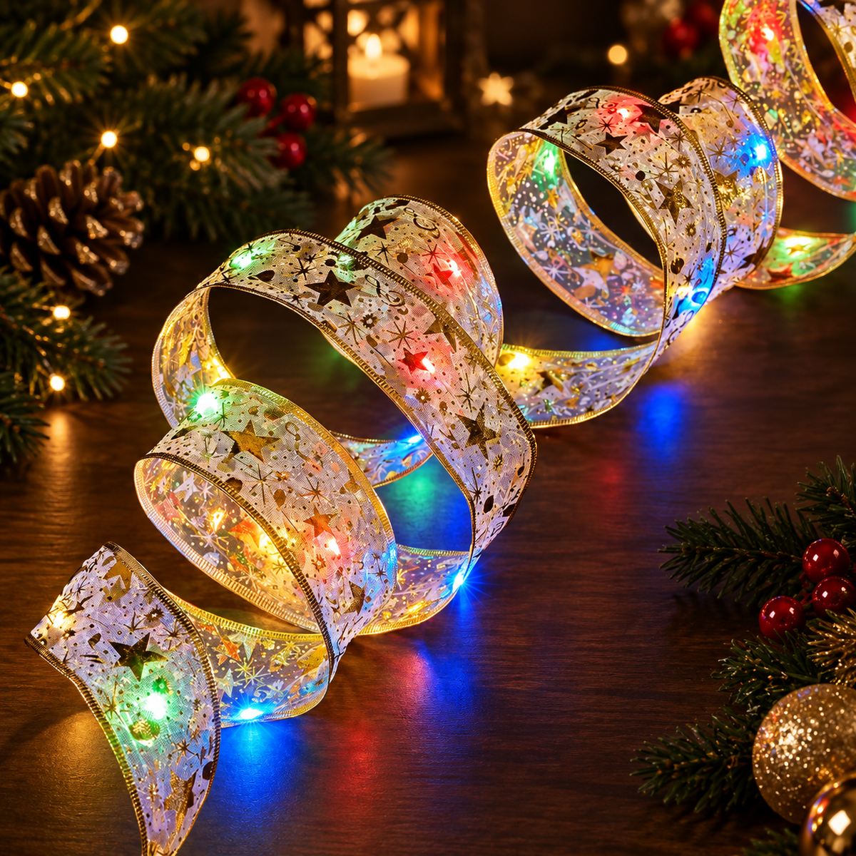 Gold ribbon with multicolour LED lights