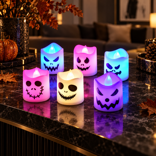 Six color-changing Halloween LED candle lights on a luxury living room console