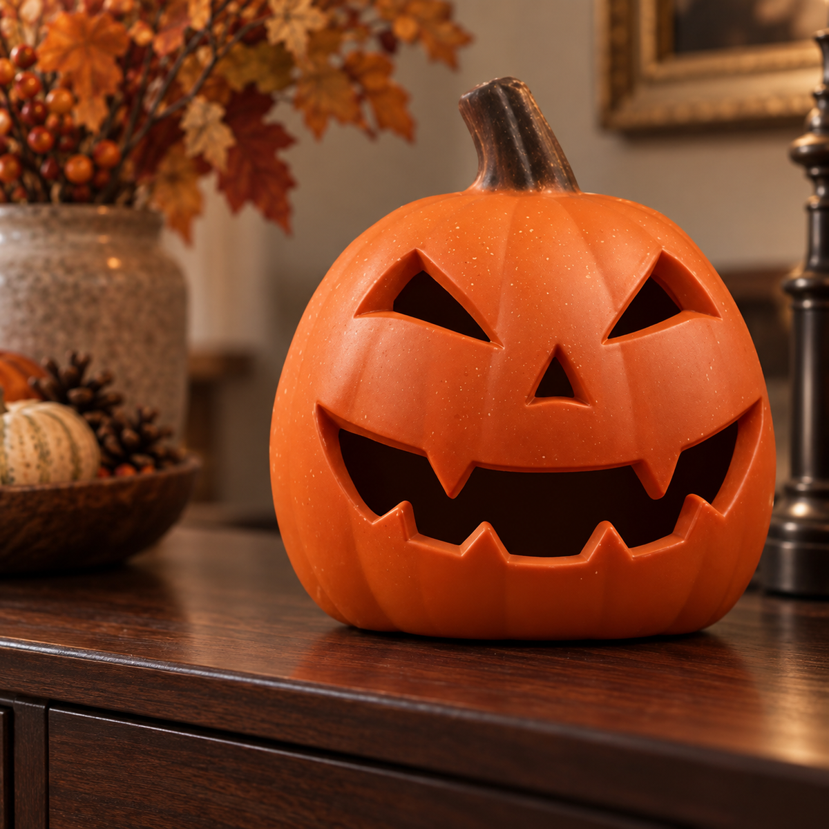 Fanged Grin Halloween pumpkin decoration, shown unlit in an autumn interior