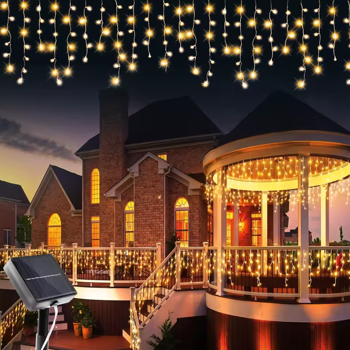 Warm white solar icicle holiday lights on a luxury outdoor patio