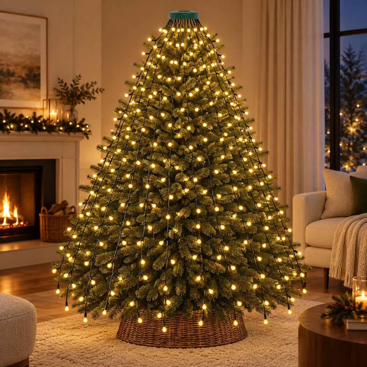 Warm white LED Christmas tree topper curtain lights in a luxury interior