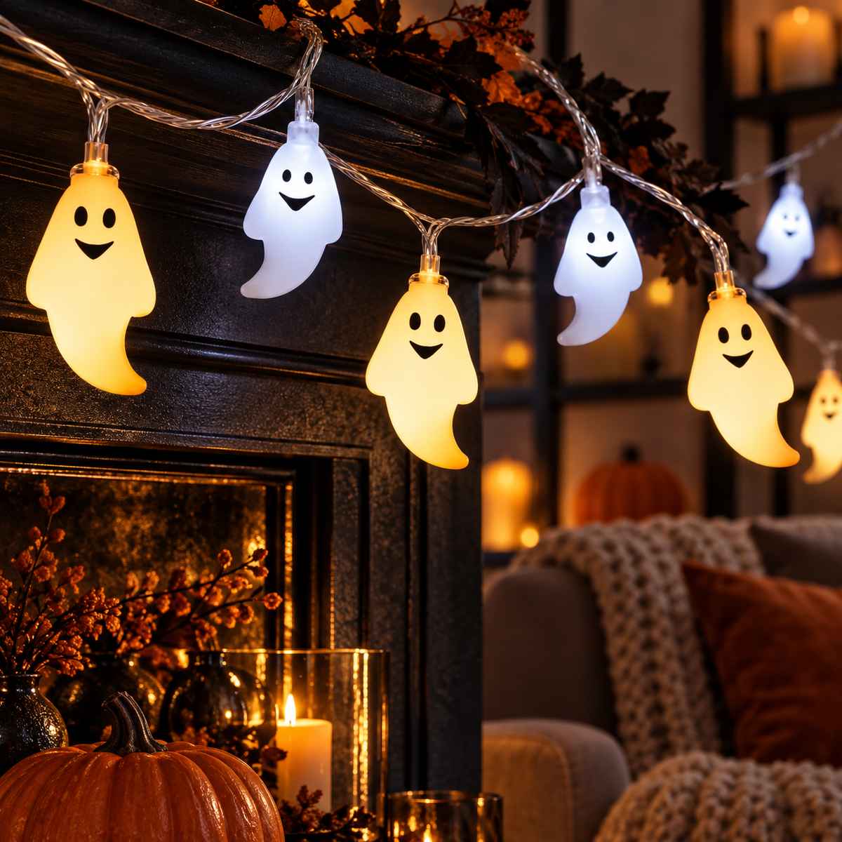 Halloween ghost LED string lights in warm white and white